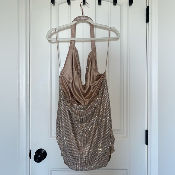 Meshki Low Back Diamante Mesh
Mini Dress Rhinestone Metal in Gold | Medium - Picture 5 of 5